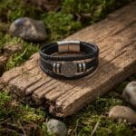Musta Vegvisir-nahkaranneke – Monikerroksinen viikinkikoru (musta)