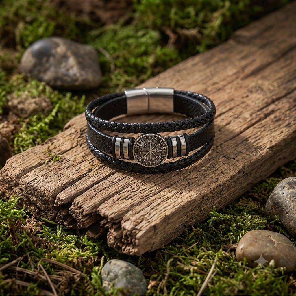 Musta Vegvisir-nahkaranneke – Monikerroksinen viikinkikoru (musta)