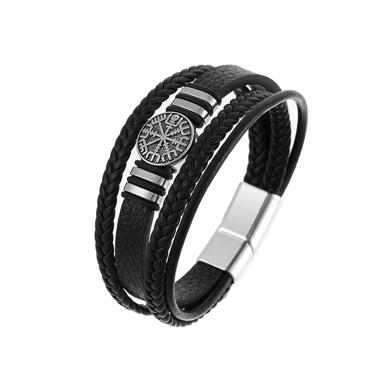 Musta Vegvisir-nahkaranneke – Monikerroksinen viikinkikoru (musta) - Image 2