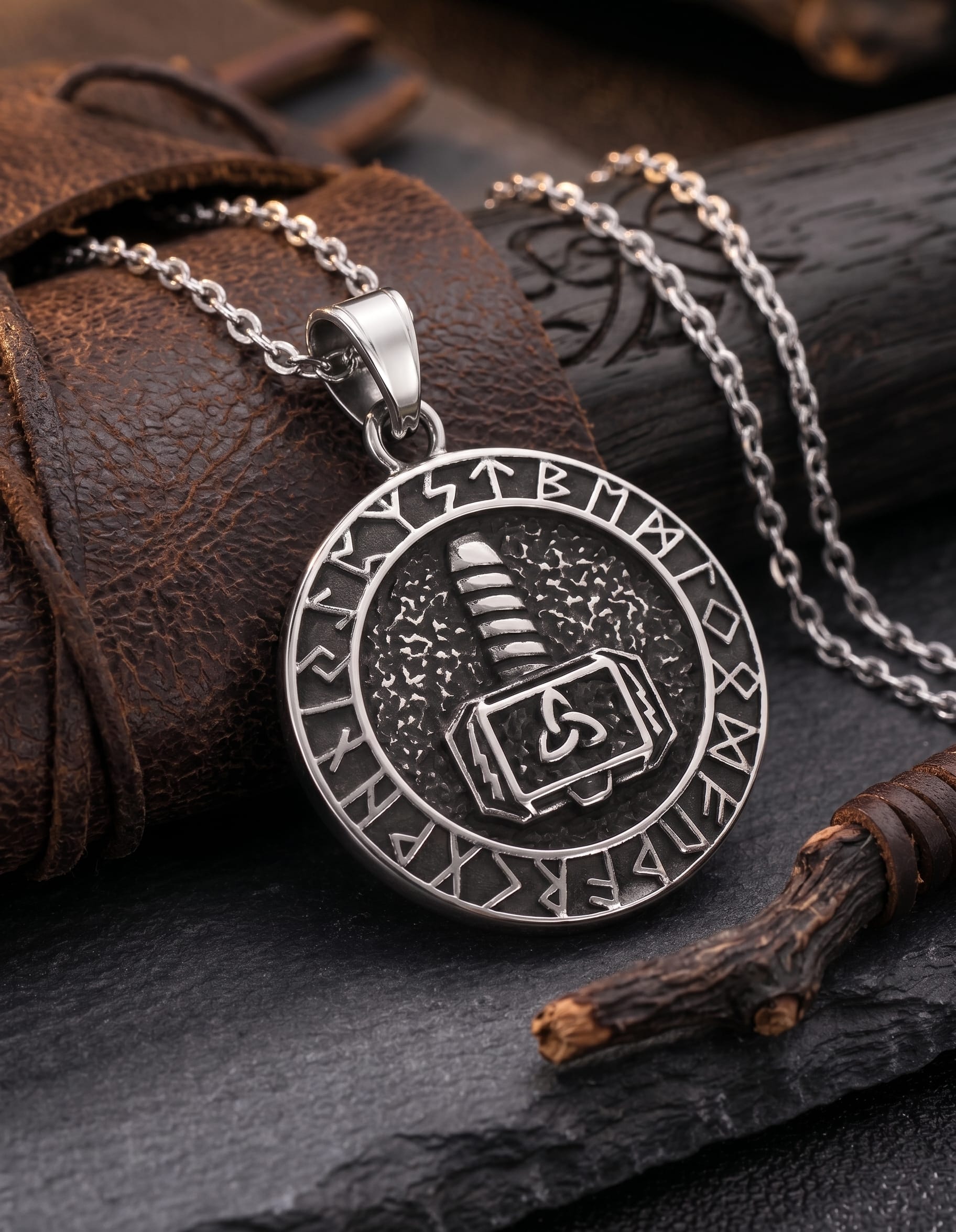 Mjölnir Viikinkikaulakoru Riimuilla – Ruostumatonta terästä - Image 2