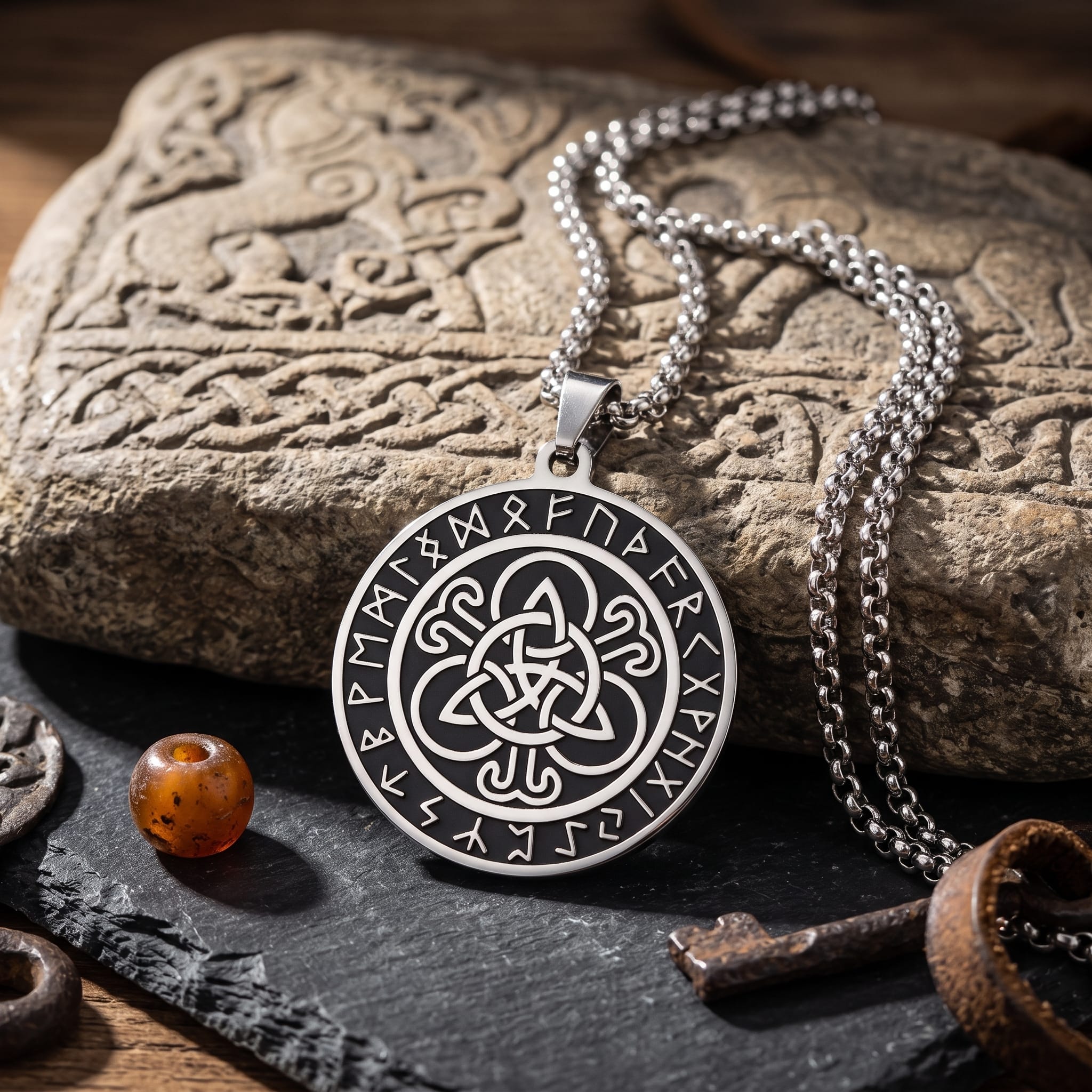 Triquetra Viikinkikaulakoru Riimuilla - Ruostumatonta terästä - Image 2